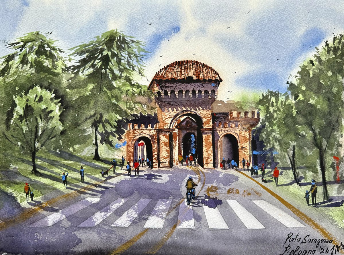 Cityscapes Watercolour By Yuliia Sharapova, 20 X 16", Porta Saragozza In Bologna, Original Artwork