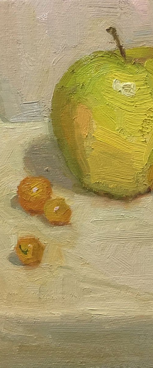 Golden Delicious Original Oil Painting by Bhavani Krishnan Green apple Cherry tomatoes Fruit still life Small daily painting Kitchen art 6x8 by Bhavani Krishnan