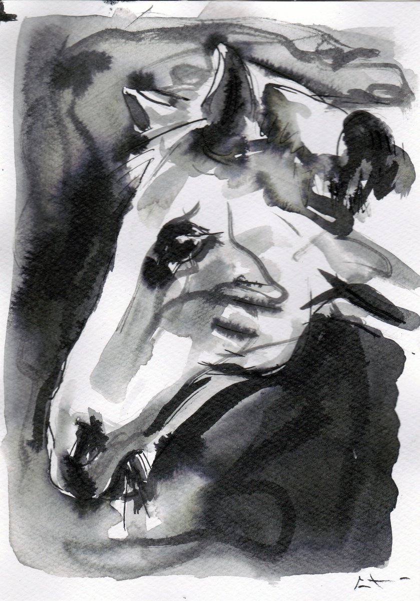 Expressive Animal Ink Drawing By Lionel Le Jeune, 6 X 8", Horse, Original Artwork