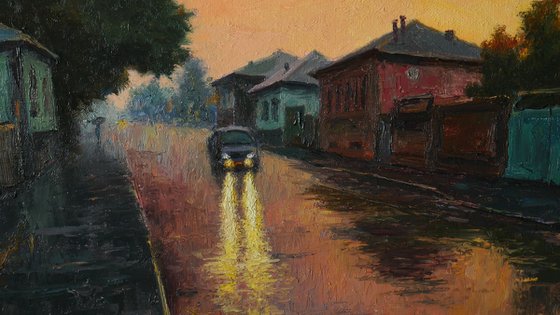 It Is Summer Warm Rain At Sunset - original oil painting