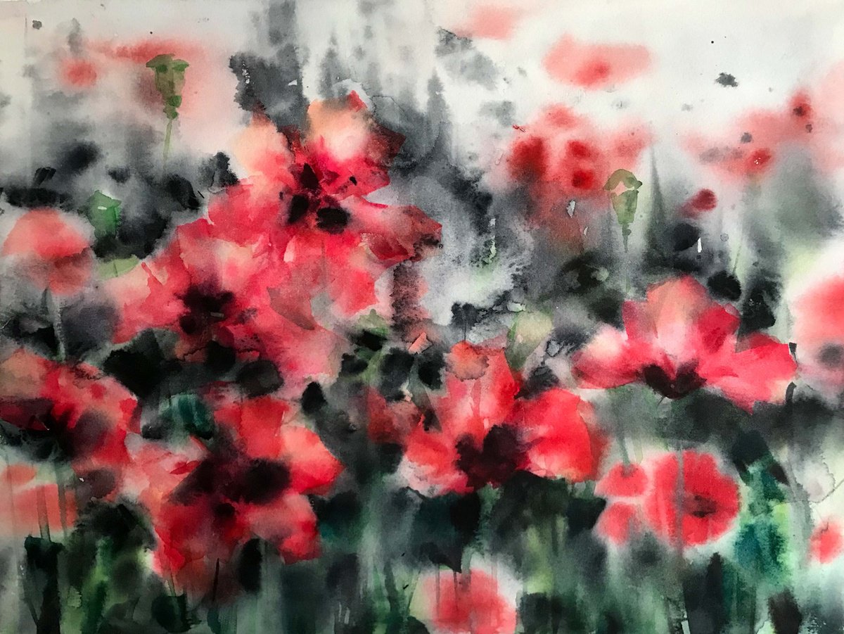 Red poppy field. one of a kind, original painting. by Galina Poloz