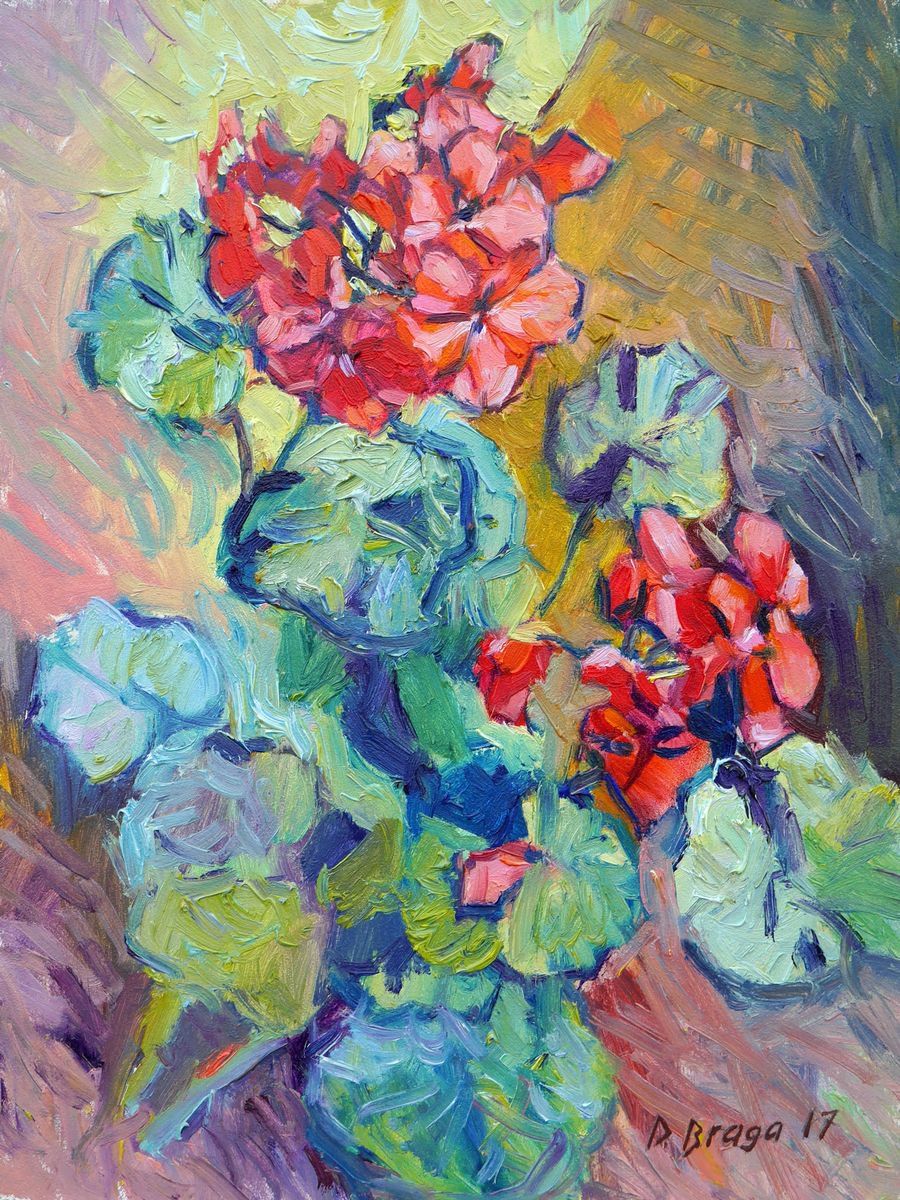 Impressionistic Still Life Oil Painting By Dima Braga, 12 X 16, Red Geranium Flowers, Original Artwork