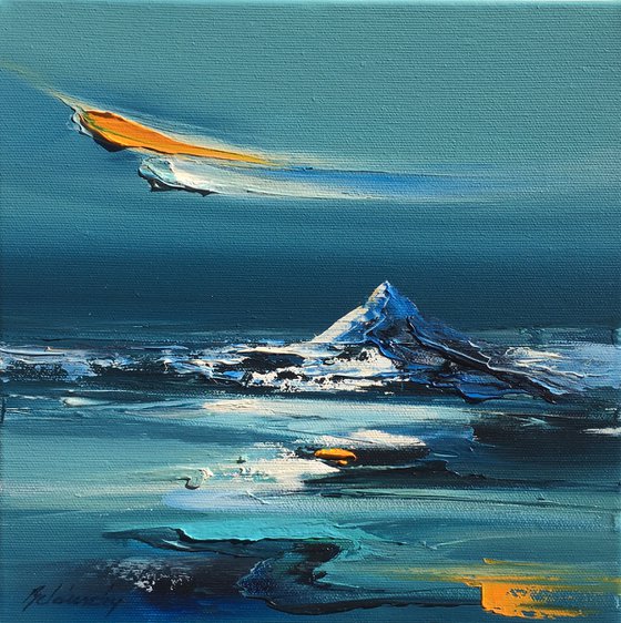 Blue Mountain - 25 x 25 cm, abstract landscape oil painting in blue