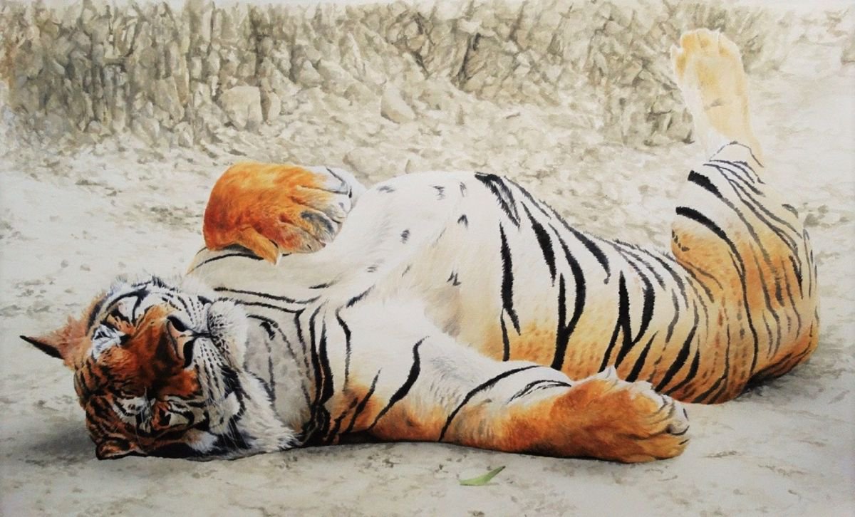 Animal Acrylic Painting By Julian Wheat, 29 X 18", Tigers Siesta, Original Artwork