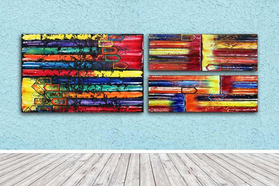 "The Grown-Ups Are Talking" - Original Xt Large PMS Abstract Triptych Oil Paintings On Canvas and Recycled Wood - 76" x 26"