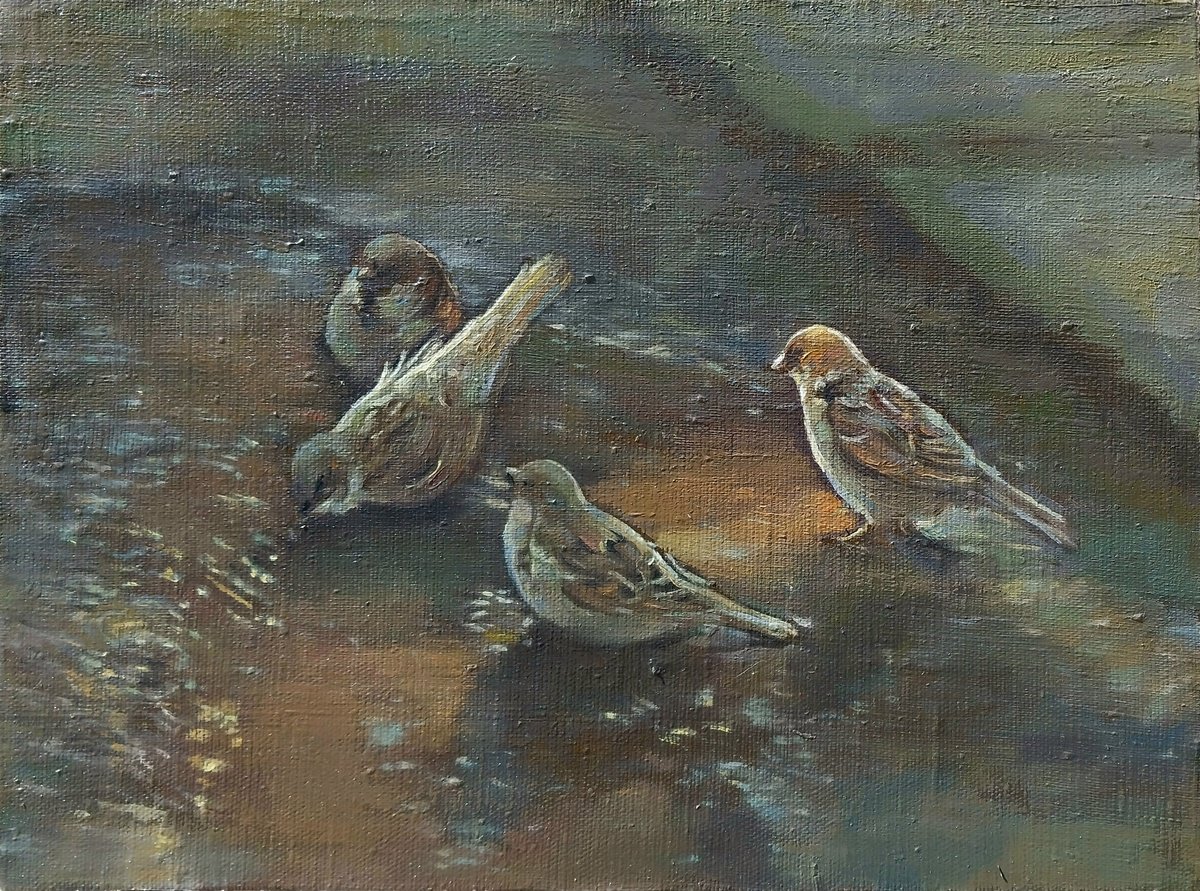 Photorealistic Animal Oil Painting By Kamsar Ohanyan, 16 X 12", Sparrows Gathering, Original Artwork