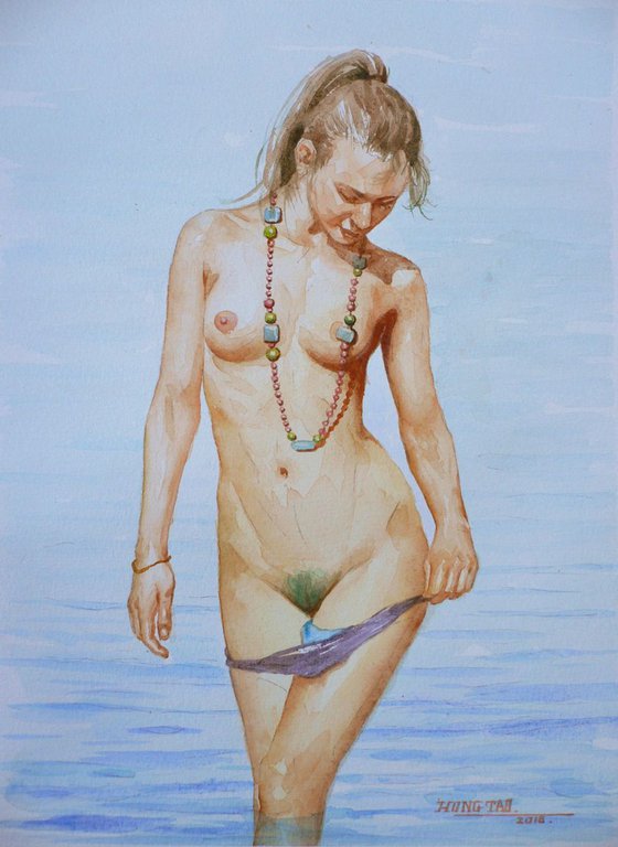 original art watercolour painting female nude girl on paper #16-4-29-01