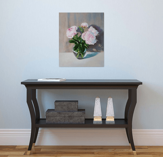 "A bouquet of peonies in a glass vase." still life peony pink summer  white liGHt original painting  GIFT (2020)