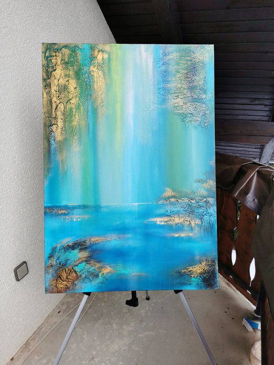 A XL large semi-abstract beautiful structured mixed media painting of a lake "Under the willow"