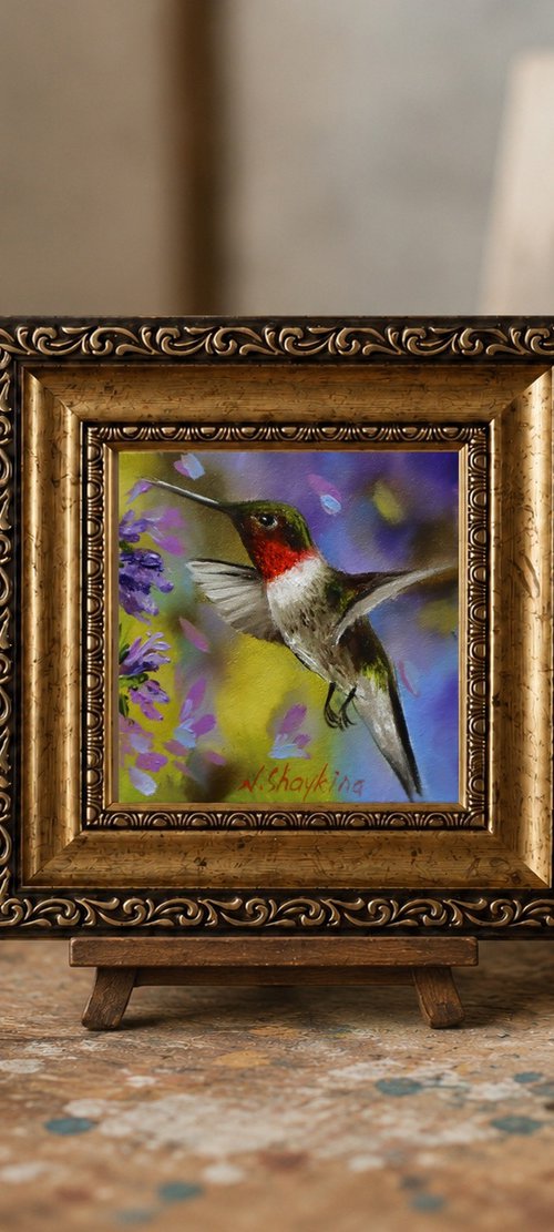 Hummingbird and Purple Flowers by Natalia Shaykina
