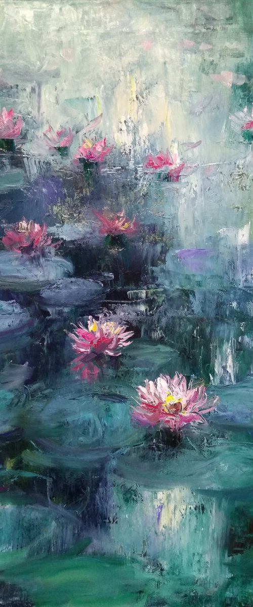 Pink Water Lilies , Original  Impasto Oil Painting , Palette Knife by HELINDA (Olga Müller)