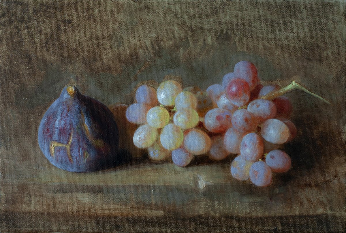 Photorealistic Still Life Oil Painting By Davit Davtyan, 12 X 8, A Fig And Grape, Original Artwork