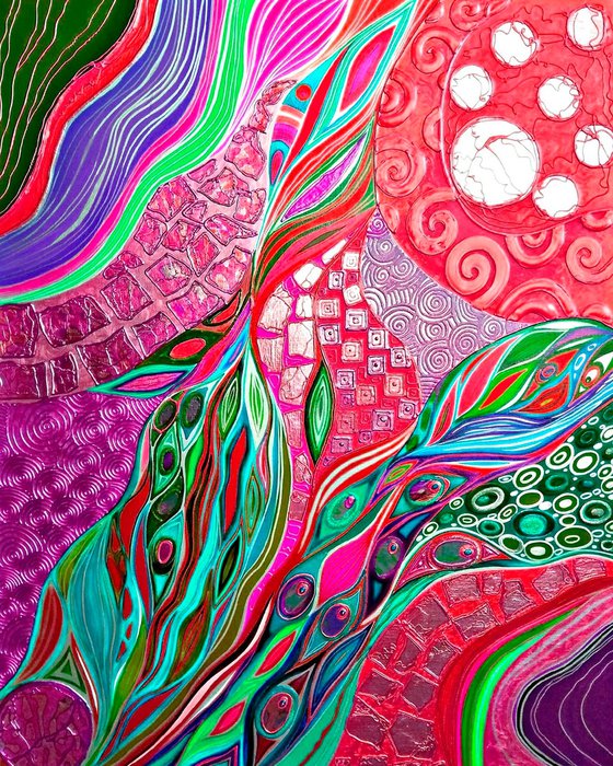 Viva Magenta Love - Large red green lilac abstract painting 100x80 cm