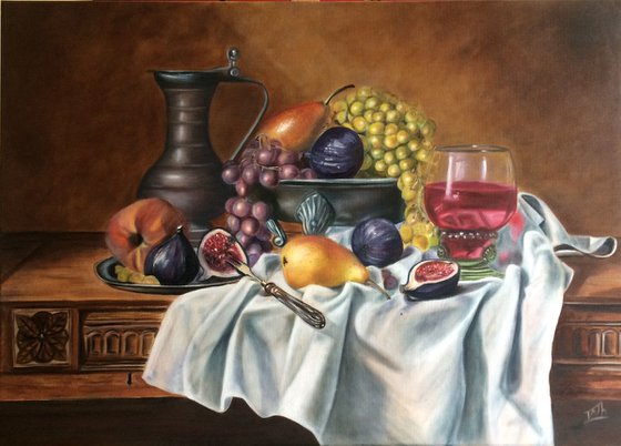 Still life wine and fruit