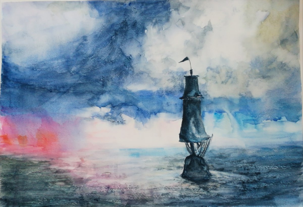 Impressionistic Landscape Watercolour By Daniela Roughsedge, 17 X 12, Dramatic Sky At Sea, Original Artwork