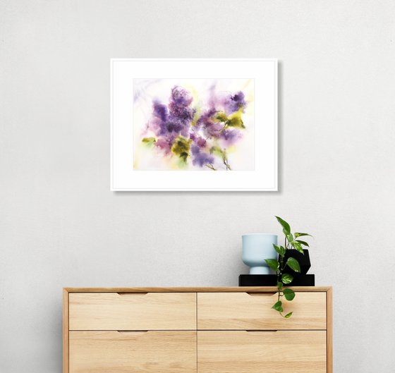 Lilac. Lilac bouquet. Loose flowers watercolor painting