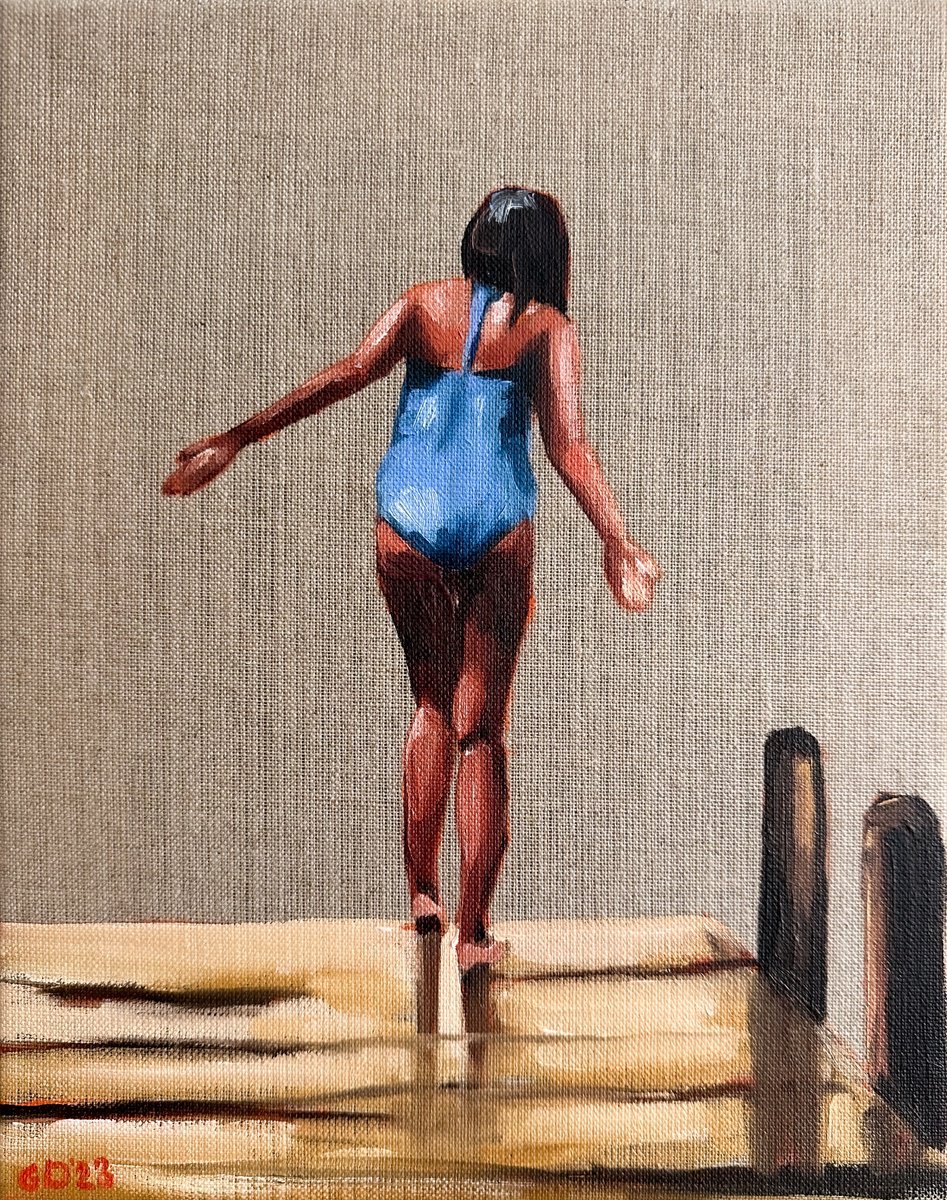 Girl on the Pier - Female Figure in Swimsuit Painting by Daria Gerasimova