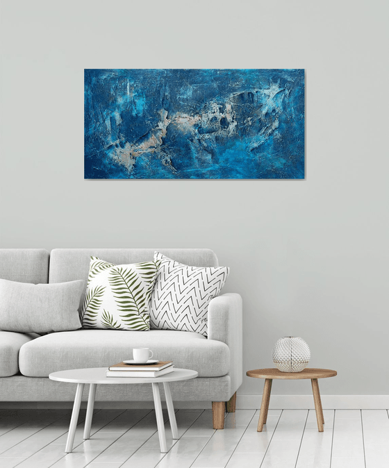 Large Blue Abstract Seascape Textured Painting Blue, Silver, Gold. Modern Art with Heavy Texture. Abstract Landscape Contemporary Artwork for Livingroom or Bedroom