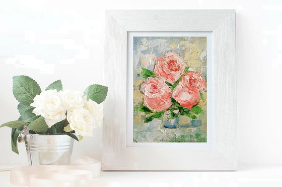 Pink Roses Painting Original Art Small Oil Artwork Flower Wall Art Floral Mini Oil Painting