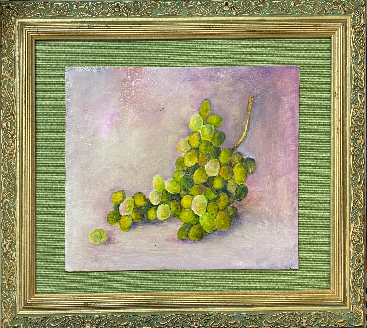 Gorgeous Green Grapes Oil Painting floating on green support framed in an engraved green a... by Mary Gullette