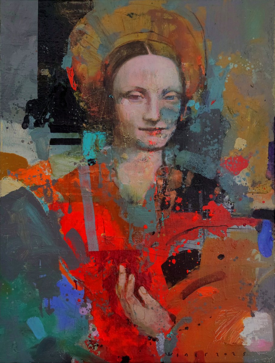 Urban And Pop Portrait Oil Painting By Victor Sheleg, 24 X 31", Renaissance Portrait 2, Original Artwork