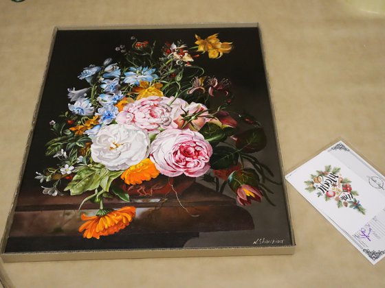 Garden Flowers in a vase, Dark Moody Art Floral