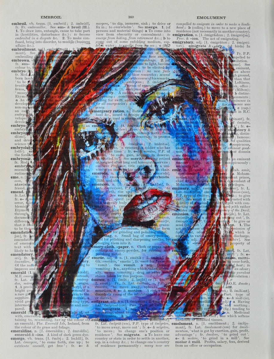 Blue Face 2 - Collage Art on Large Real English Dictionary Vintage Book Page by Misty Lady - M. Nierobisz