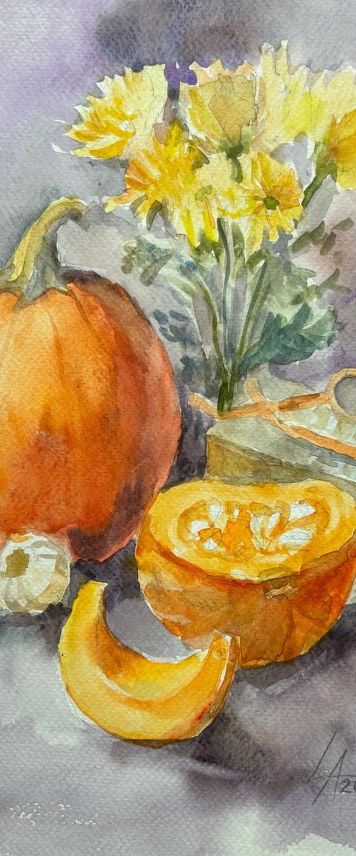 October still life with pumpkin by Elena Lykhodid