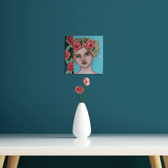 A hope of spring. 20x20cm Portrait of a romantic young blonde woman