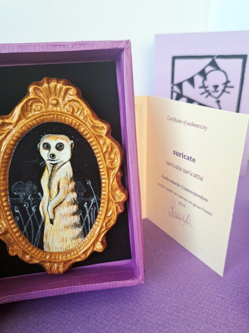 Suricate, part of framed animal miniature series "festum animalium" by Andromachi Giannopoulou