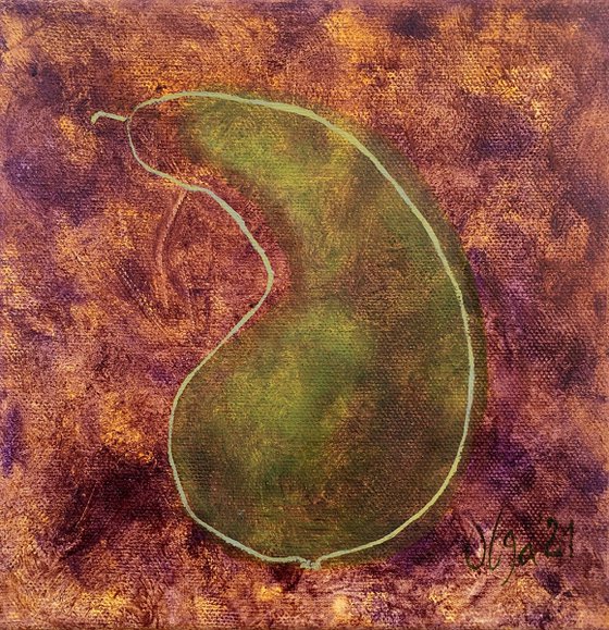 Triptych of small oil paintings with apple, artichoke and pear
