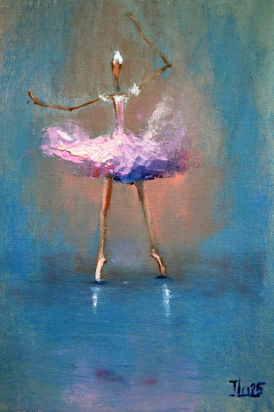 Funny pink ballerina.Miniature impasto oil.