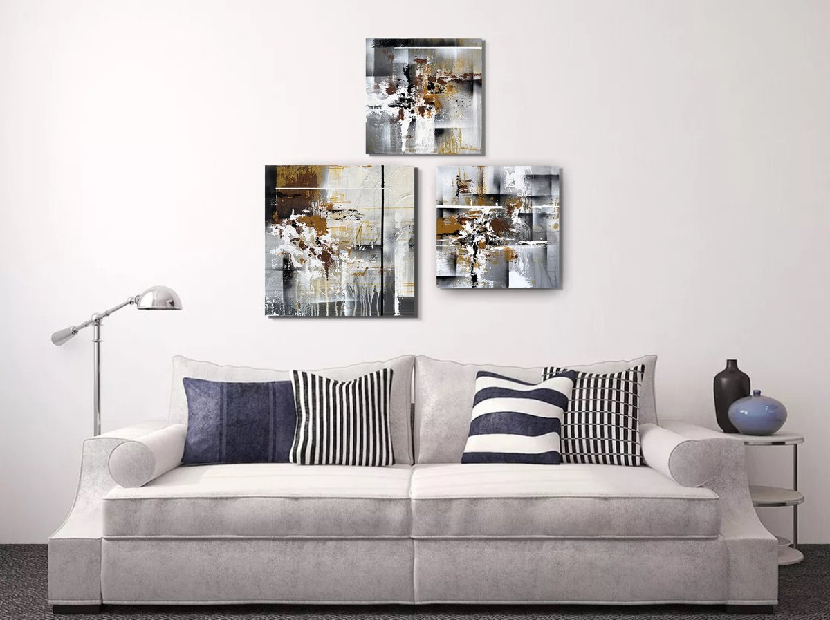 Geometric Abstract Acrylic Painting By Tatiana Malinovscaia, 20 X 20", Fire Symphony Set Of 3, Original Artwork