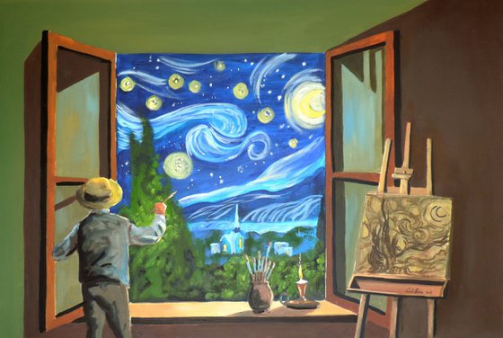 "Van Gogh & the Starry Night" oil on canvas painting