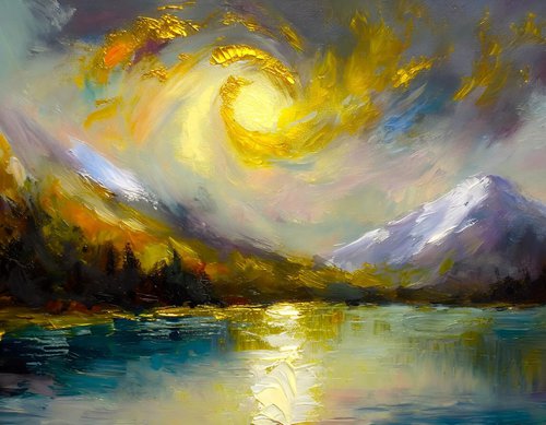 Golden Moonlight Oil Abstract Seascape by Nikolina Andrea Seascapes and Abstracts