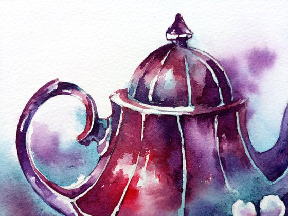 Modern still life "Tea drinking with strawberries" original watercolor sketch