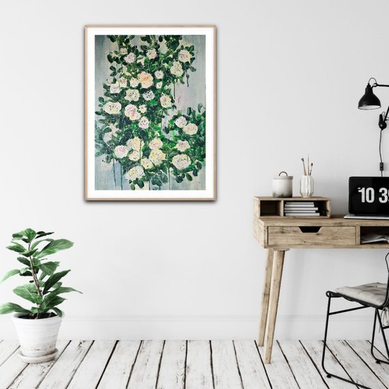 Blooming abstract rose garden in pale yellow