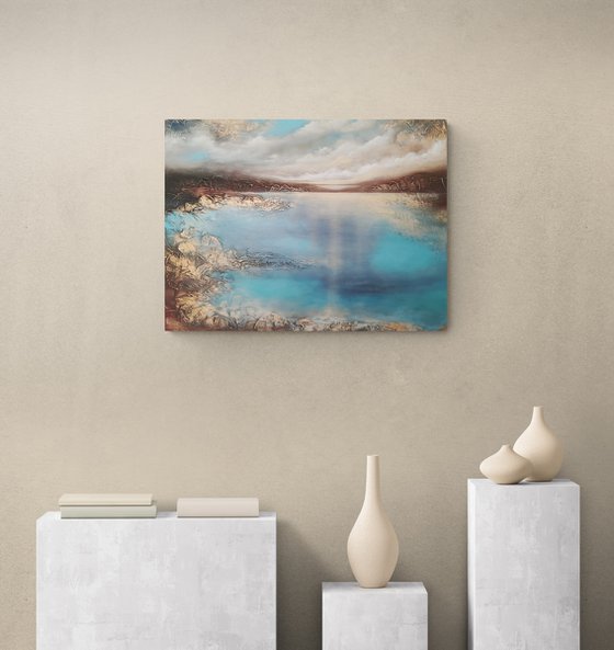 A large semi-abstract beautiful structured mixed media painting of a seascape with the sunrise "A new day" from "Silence" series