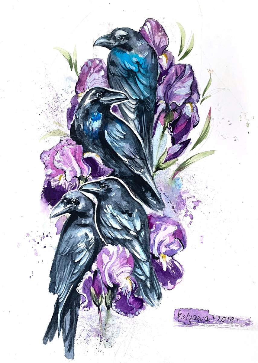 Animal Watercolour By Belyaeva Oleksandra, 12 X 16, Crows, Original Artwork