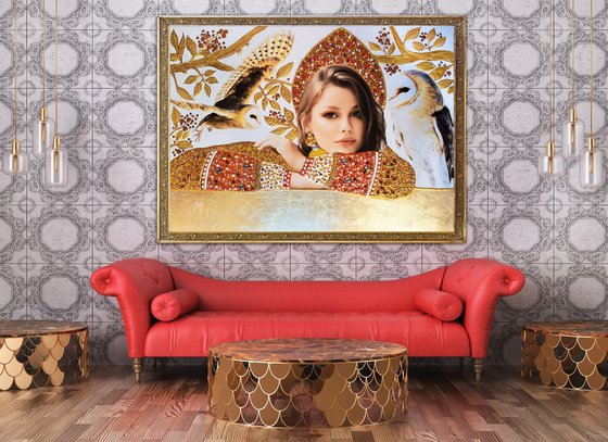 Custom portrait from a photo Queen \ Princess. Art commission. Large painting, mixed media photo collage with precious stones, rhinestones, gold petal
