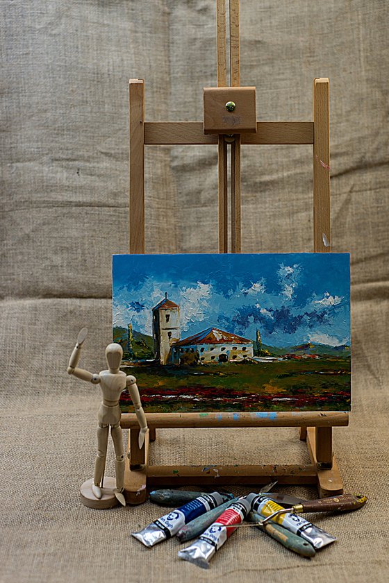 Old house in landscape. Landscape oil painting