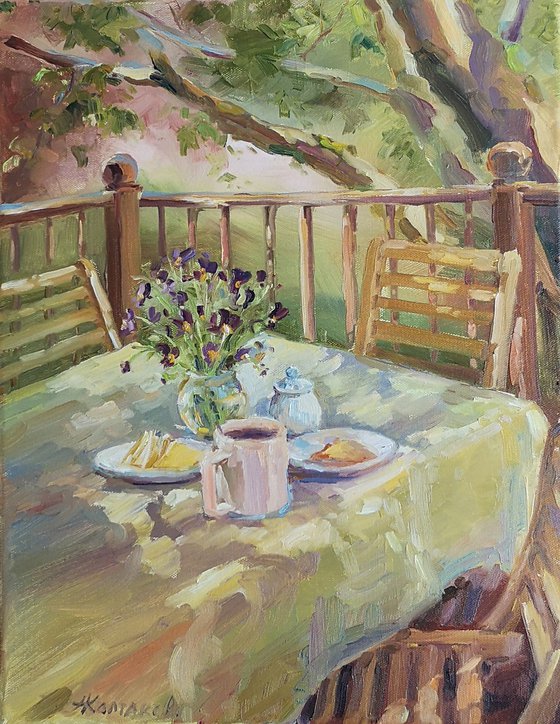 Summertime breakfast,  plein air, original one of a kind oil on canvas painting (14×18")