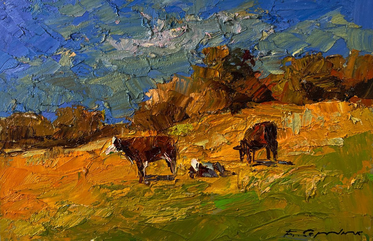 Cows On The Hill By Boris Serdyuk, 12 X 8, Artwork For Sale On Artfinder