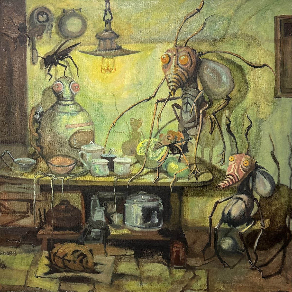 Surrealistic Animal Oil Painting By Chao Wang, 36 X 36, A Very Busy Afternoon, Original Artwork