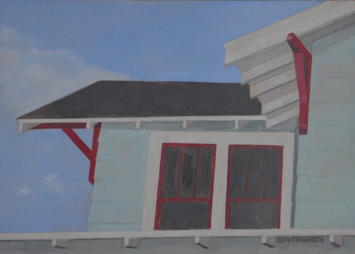 Small Painting of Vintage House and Sky - Azure Avenue by Linda Southworth