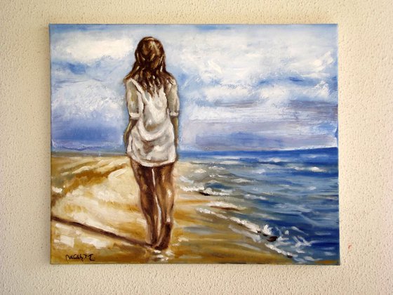 SEASIDE GIRL - THE LONELY WALK - Oil painting on canvas (60x50cm)