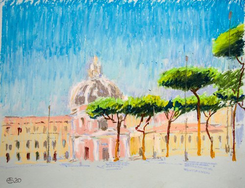 Rome. Dreams about Italy series. Oil pastel painting. Small painting italy black bright light night interior decor gift by Sasha Romm