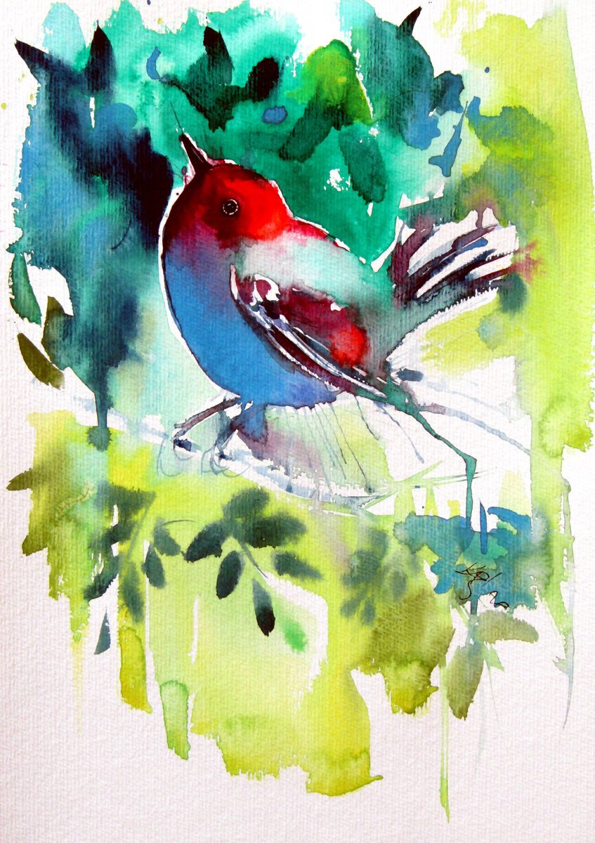 Impressionistic Animal Watercolour By Kovacs Anna Brigitta, 10 X 14", Bird In The Garden, Original Artwork
