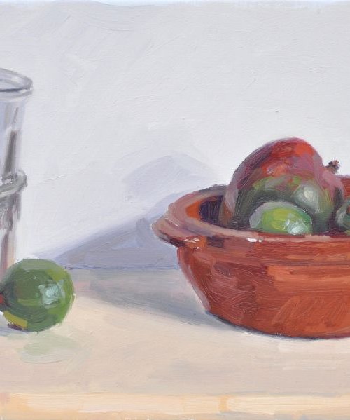 Limes and mango in an earthenware dish, jam jars by ANNE BAUDEQUIN