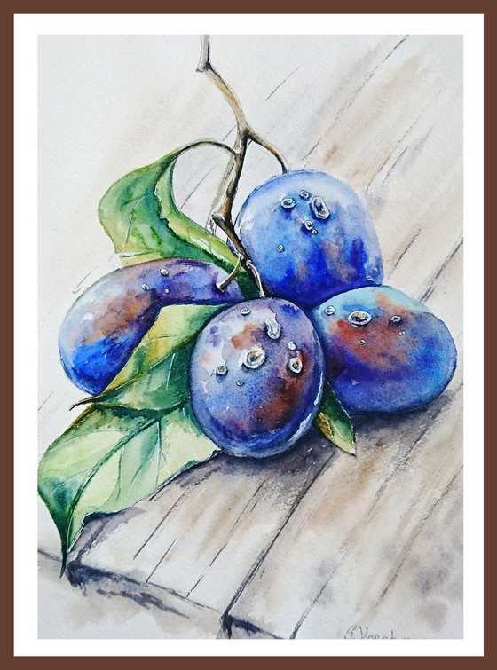 Plums. Watercolor painting on paper. Still life. Original artwork